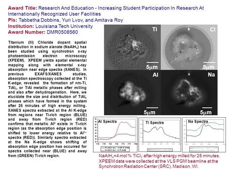 Award Title: Research And Education - Increasing Student Participation In Research At Internationally Recognized User Facilities PIs: Tabbetha Dobbins,