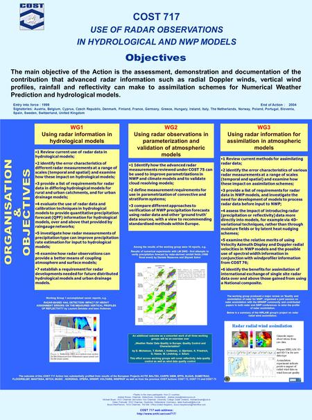 COST 717 USE OF RADAR OBSERVATIONS IN HYDROLOGICAL AND NWP MODELS The main objective of the Action is the assessment, demonstration and documentation of.