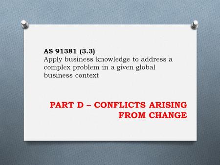 PART D – CONFLICTS ARISING FROM CHANGE AS 91381 (3.3) Apply business knowledge to address a complex problem in a given global business context.