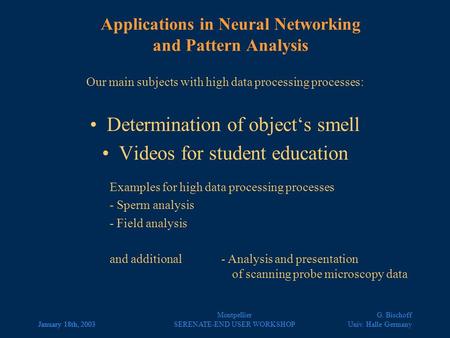 G. Bischoff Univ. Halle GermanyJanuary 18th, 2003 Montpellier SERENATE-END USER WORKSHOP Applications in Neural Networking and Pattern Analysis Our main.