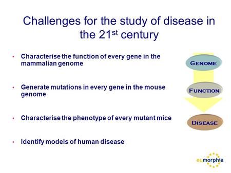 Challenges for the study of disease in the 21 st century Characterise the function of every gene in the mammalian genome Generate mutations in every gene.