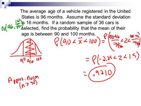 The average age of a vehicle registered in the United States is 96 months. Assume the standard deviation is 16 months. If a random sample of 36 cars.