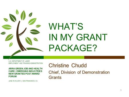 U.S. DEPARTMENT OF LABOR EMPLOYMENT AND TRAINING ADMINISTRATION ARRA GREEN JOB AND HEALTH CARE / EMERGING INDUSTRIES NEW GRANTEE POST AWARD FORUM JUNE.