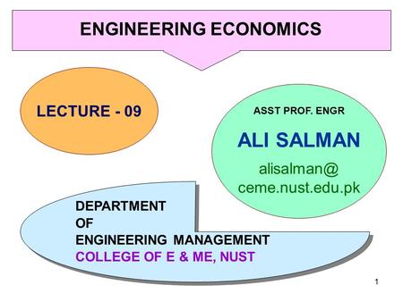 ALI SALMAN1 LECTURE - 09 ASST PROF. ENGR ALI SALMAN ceme.nust.edu.pk DEPARTMENT OF ENGINEERING MANAGEMENT COLLEGE OF E & ME, NUST DEPARTMENT.