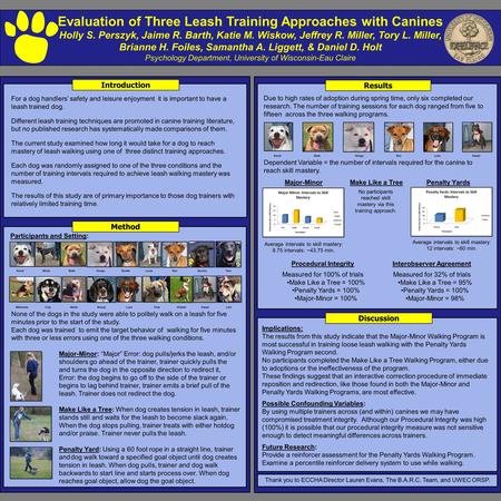 Evaluation of Three Leash Training Approaches with Canines Holly S. Perszyk, Jaime R. Barth, Katie M. Wiskow, Jeffrey R. Miller, Tory L. Miller, Brianne.