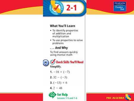 Lesson 2-1 Warm-Up. Lesson 2-1 Warm-Up Properties of Numbers (2-1) What are all of the properties of real numbers?