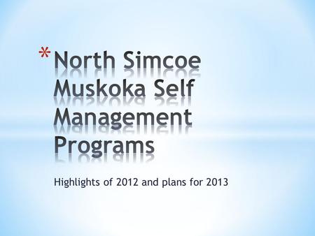 Highlights of 2012 and plans for 2013. Self Management Participation in NSM Delivery of evidenced based self management education and skills training.