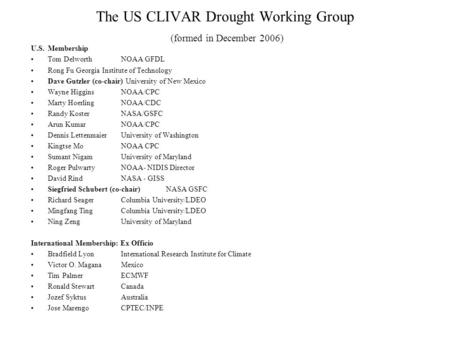 The US CLIVAR Drought Working Group (formed in December 2006) U.S. Membership Tom Delworth NOAA GFDL Rong Fu Georgia Institute of Technology Dave Gutzler.