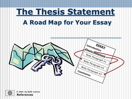 The Thesis Statement © 2001 by Ruth Luman A Road Map for Your Essay References ESSAY Introduction Thesis Statement Body Paragraph #1 Body Paragraph #2.