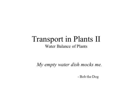 Transport in Plants II Water Balance of Plants My empty water dish mocks me. - Bob the Dog.