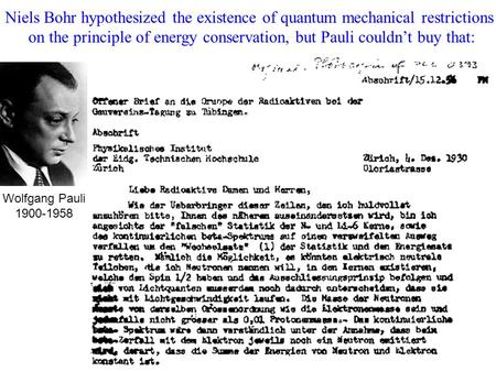 Niels Bohr hypothesized the existence of quantum mechanical restrictions on the principle of energy conservation, but Pauli couldn’t buy that: Wolfgang.