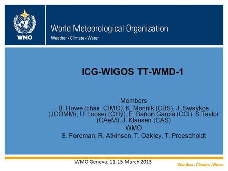 Members B. Howe (chair, CIMO), K. Monnik (CBS), J. Swaykos (JCOMM), U. Looser (CHy), E. Bañon García (CCl), S.Taylor (CAeM), J. Klausen (CAS) WMO S. Foreman,