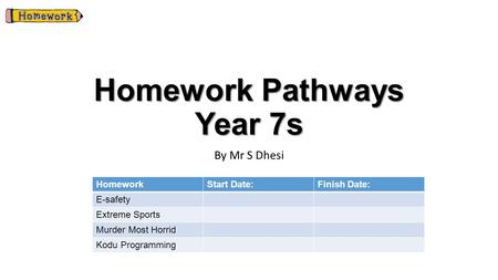 Homework Pathways Year 7s By Mr S Dhesi HomeworkStart Date:Finish Date: E-safety Extreme Sports Murder Most Horrid Kodu Programming.