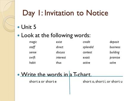 Day 1: Invitation to Notice Unit 5 Look at the following words: magicexistcreditdeposit staffdirectsplendidbusiness sensediscusscontestbuilding swiftinterestexactpromise.