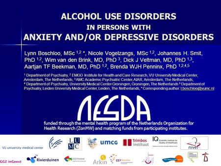 ALCOHOL USE DISORDERS IN PERSONS WITH ANXIETY AND/OR DEPRESSIVE DISORDERS Lynn Boschloo, MSc 1,2 *, Nicole Vogelzangs, MSc 1,2, Johannes H. Smit, PhD 1,2,