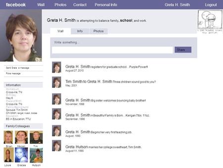 Facebook Greta H. Smith is attempting to balance family, school, and work. WallPhotosContact Personal InfoGreta H. SmithLogout Send Greta a message Poke.