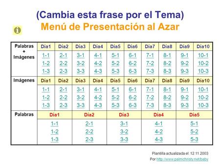 (Cambia esta frase por el Tema) Menú de Presentación al Azar Plantilla actualizada el: 12.11.2003 Por