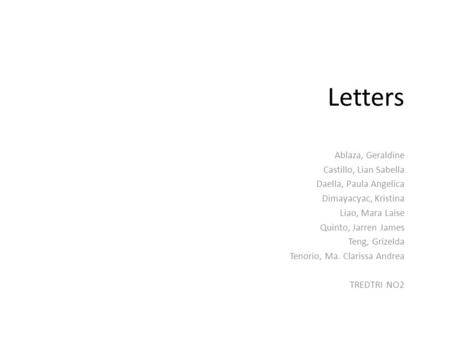 Letters Ablaza, Geraldine Castillo, Lian Sabella Daella, Paula Angelica Dimayacyac, Kristina Liao, Mara Laise Quinto, Jarren James Teng, Grizelda Tenorio,