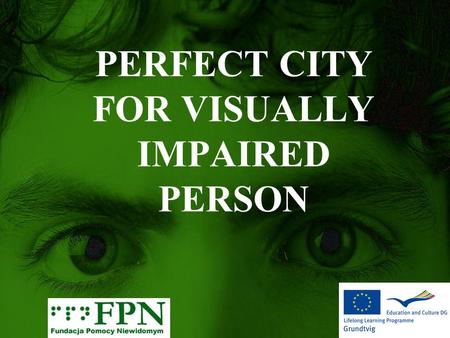 PERFECT CITY FOR VISUALLY IMPAIRED PERSON. A FEW WORDS… Main groups of problems visually impaired person: infrustructure public communication activities.