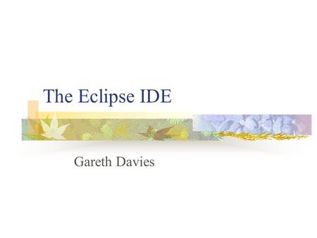 The Eclipse IDE Gareth Davies. Relevant Bio Professional Developer since 1994 Mostly Microsoft platform, using successive versions of Visual Studio Serious.