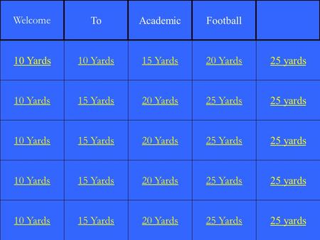 10 Yards 15 Yards 20 Yards 25 Yards 25 yards 10 Yards Welcome ToAcademicFootball.