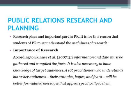 PUBLIC RELATIONS RESEARCH AND PLANNING