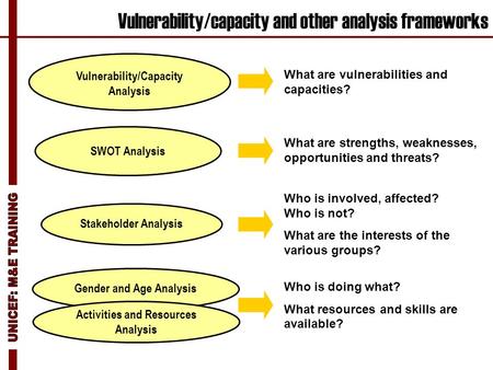 Vulnerability/capacity and other analysis frameworks Stakeholder Analysis SWOT Analysis What are strengths, weaknesses, opportunities and threats? Who.