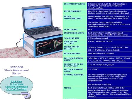 SCAD 508 Strain Measurement System Click Here To Download Complete Information On SCAD Products EXCITATION VOLTAGESelectable from 0.5VDC to 10 VDC in steps.