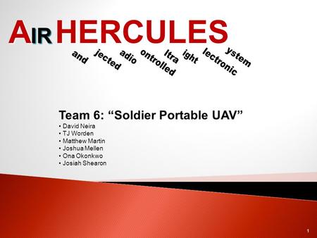 Team 6: “Soldier Portable UAV” David Neira TJ Worden Matthew Martin Joshua Mellen Ona Okonkwo Josiah Shearon A IR HERCULES 1.