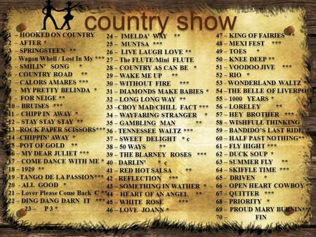 Country show country show 1 – HOOKED ON COUNTRY 2 – AFTER * 3 – SPRINGSTEEN ** 4 - Wagon Whell / Lost In My *** 5 – SMILIN’ SONG * 6 - COUNTRY ROAD **