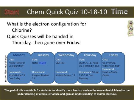 Chem Quick Quiz 10-18-10 The goal of this module is for students to identify the scientists, review the research which lead to the understanding of atomic.