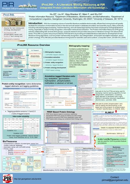 IProLINK – A Literature Mining Resource at PIR (integrated Protein Literature INformation and Knowledge ) Hu ZZ 1, Liu H 2, Vijay-Shanker K 3, Mani I 4,