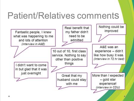 Patient/Relatives comment s Fantastic people, I knew what was happening to me and lots of attention (interview in A&E) 10 out of 10, first class service.