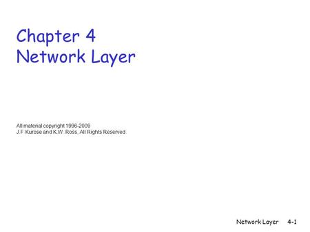 Network Layer4-1 Chapter 4 Network Layer All material copyright 1996-2009 J.F Kurose and K.W. Ross, All Rights Reserved.