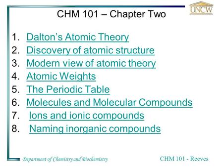 Department of Chemistry and Biochemistry CHM 101 - Reeves CHM 101 – Chapter Two 1.Dalton’s Atomic TheoryDalton’s Atomic Theory 2.Discovery of atomic structureDiscovery.