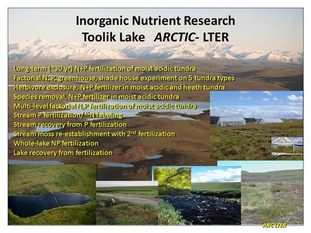 ARC LTER Long-term (~30 yr) N+P fertilization of moist acidic tundra Factorial N, P, greenhouse, shade house experiment on 5 tundra types Herbivore exclosure,