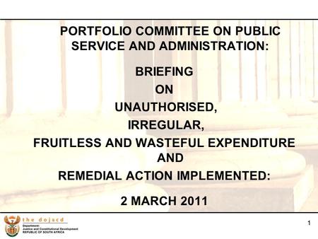 1 11 PORTFOLIO COMMITTEE ON PUBLIC SERVICE AND ADMINISTRATION: BRIEFING ON UNAUTHORISED, IRREGULAR, FRUITLESS AND WASTEFUL EXPENDITURE AND REMEDIAL ACTION.