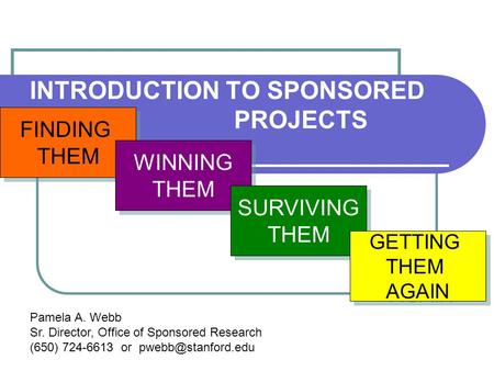 INTRODUCTION TO SPONSORED PROJECTS FINDING THEM FINDING THEM WINNING THEM WINNING THEM SURVIVING THEM SURVIVING THEM GETTING THEM AGAIN GETTING THEM AGAIN.