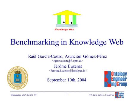 11111 Benchmarking in KW. Sep 10th, 2004 © R. García-Castro, A. Gómez-Pérez Raúl García-Castro, Asunción Gómez-Pérez September 10th, 2004 Benchmarking.