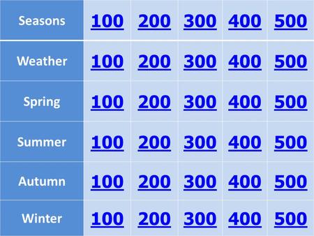 Seasons 100200300400500 Weather 100200300400500 Spring 100200300400500 Summer 100200300400500 Autumn 100200300400500 Winter 100200300400500.