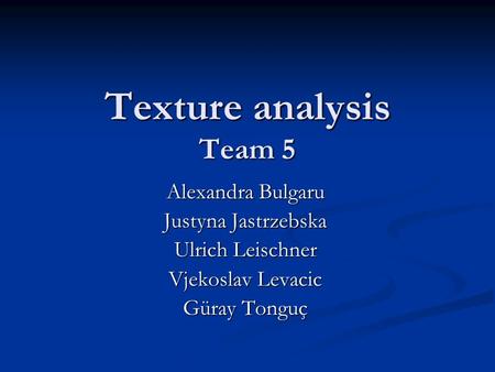 Texture analysis Team 5 Alexandra Bulgaru Justyna Jastrzebska Ulrich Leischner Vjekoslav Levacic Güray Tonguç.