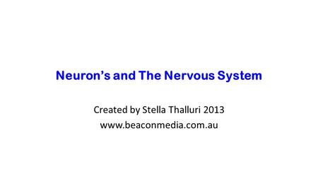 Neuron’s and The Nervous System Created by Stella Thalluri 2013 www.beaconmedia.com.au.