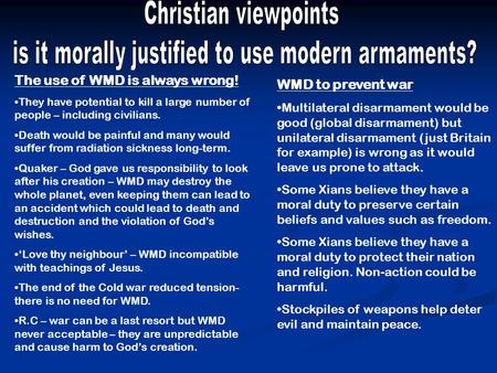 The use of WMD is always wrong! They have potential to kill a large number of people – including civilians. Death would be painful and many would suffer.