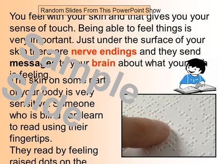 You feel with your skin and that gives you your sense of touch. Being able to feel things is very important. Just under the surface of your skin there.