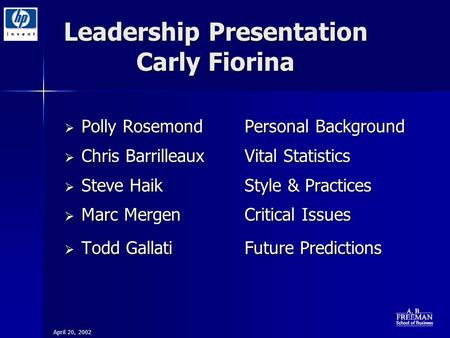 Leadership Presentation Carly Fiorina  Polly RosemondPersonal Background  Chris BarrilleauxVital Statistics  Steve HaikStyle & Practices  Marc MergenCritical.