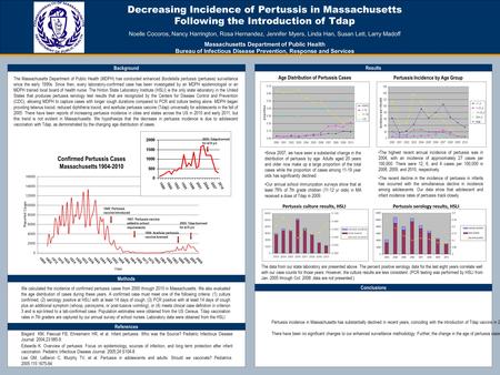 Decreasing Incidence of Pertussis in Massachusetts Following the Introduction of Tdap Noelle Cocoros, Nancy Harrington, Rosa Hernandez, Jennifer Myers,