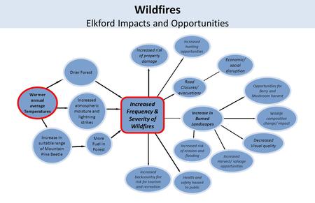 . Wildfires Elkford Impacts and Opportunities More Fuel in Forest Drier Forest Increase in suitable range of Mountain Pine Beetle Warmer annual average.