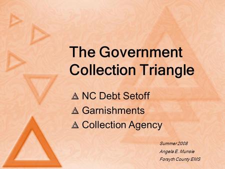 The Government Collection Triangle NC Debt Setoff Garnishments Collection Agency Summer 2008 Angela E. Munsie Forsyth County EMS.