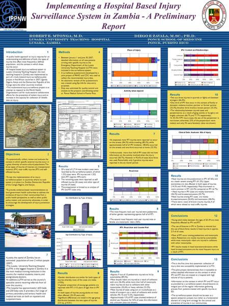 Printed by www.postersession.com Implementing a Hospital Based Injury Surveillance System in Zambia - A Preliminary Report Robert E. Mtonga, M.D. Diego.