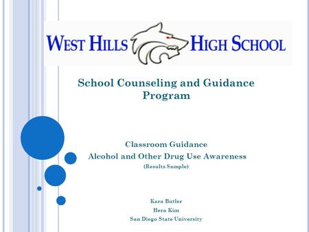 School Counseling and Guidance Program Classroom Guidance Alcohol and Other Drug Use Awareness (Results Sample) Kara Butler Hera Kim San Diego State University.